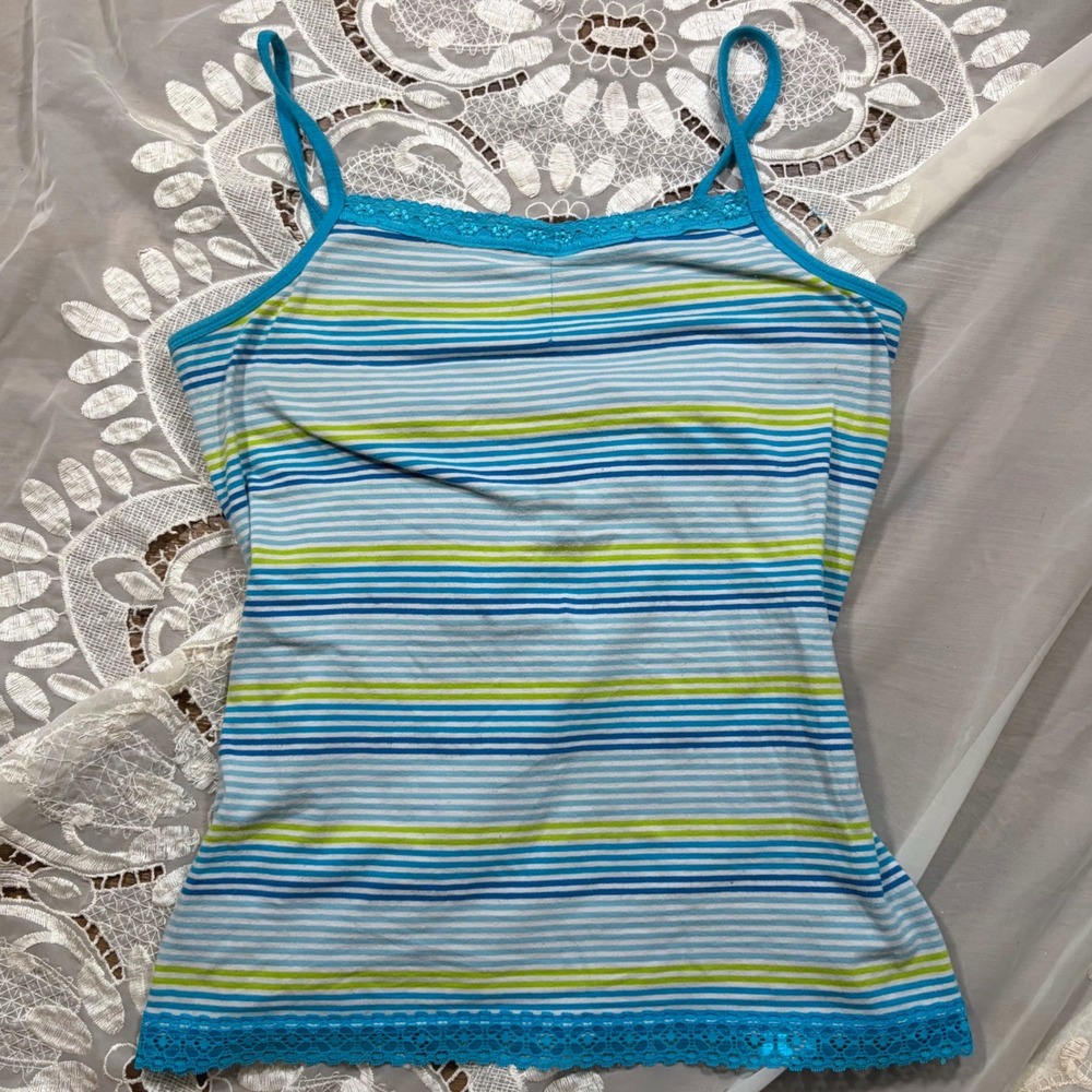 Y2K Cutie Arizona Jean Co Striped Cami Blue Green Lace Trim Shelf Bra Tank Top L